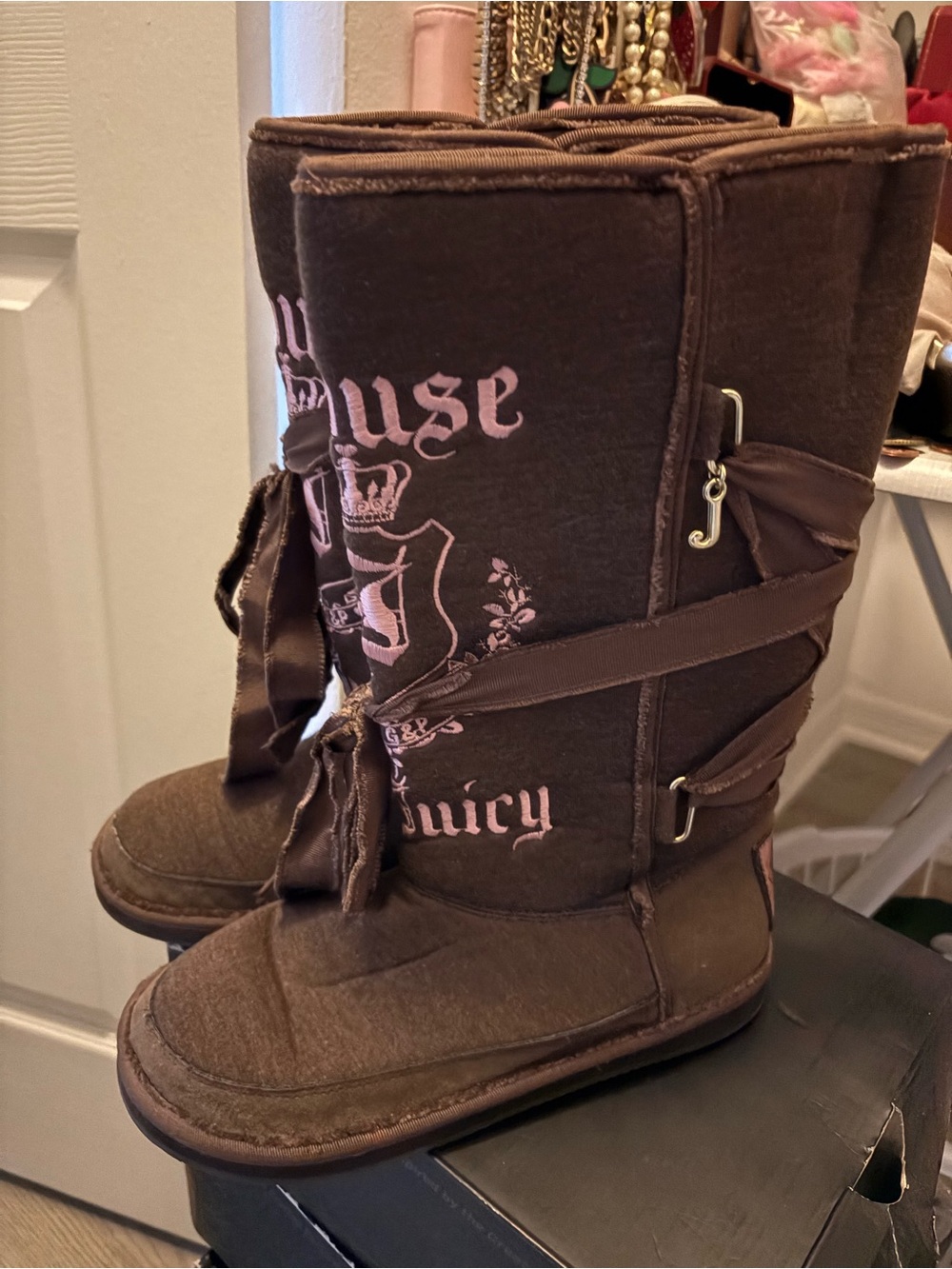 Juicy Couture Brown Boots with Pink Logo and Ribbon Accents